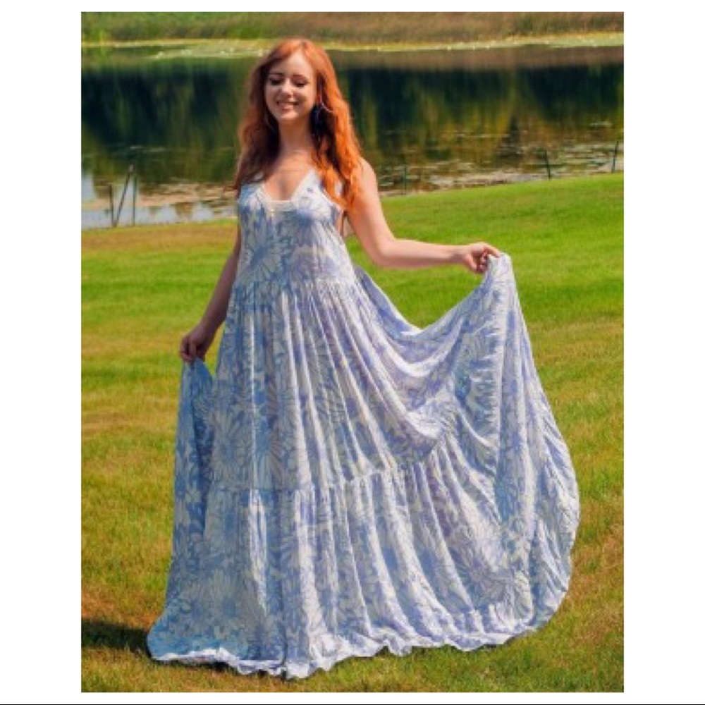 FREE PEOPLE BOHO FLOWY MAXI DRESS BOHEMIAN FLORAL SLEEVELESS V-NECK DRESS A2C - Picture 5 of 16